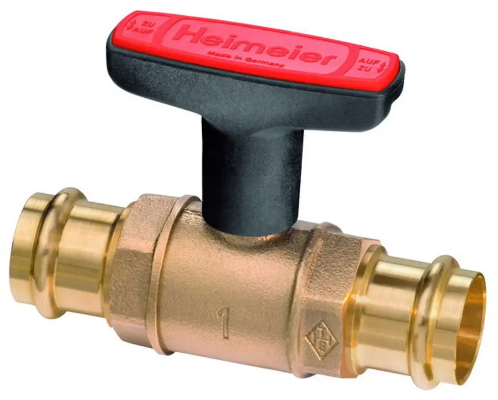 Kugelventil mit schwarzer Griffschraube und Messing-Gehäuse, geeignet für Heizungsinstallationen. Produkt von IMI Hydronic Engineering.